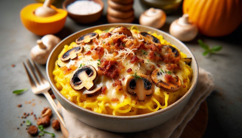 Cheesy Squash Carbonara with Fried Mushrooms Recipe