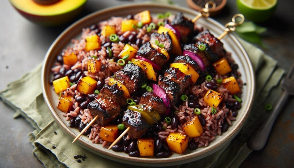 Rezept für Jerk-BBQ-Spieße mit Mango und Schwarzem Bohnenreis