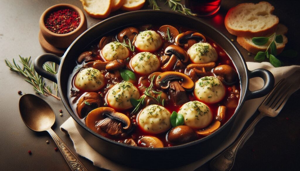 Rezept für Pilz-Rotwein-Eintopf mit Kräuterknödeln