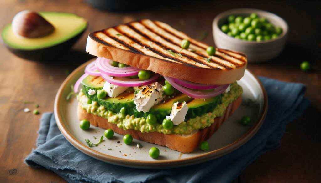 Erbsen-Hummus-, Feta-, gegrillte Avocado- und eingelegte Zwiebel-Sandwich-Rezept