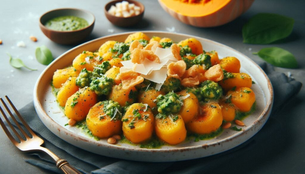 Receita de Gnocchi de Abóbora com Manteiga de Ervas e Batatas Fritas de Parmesão