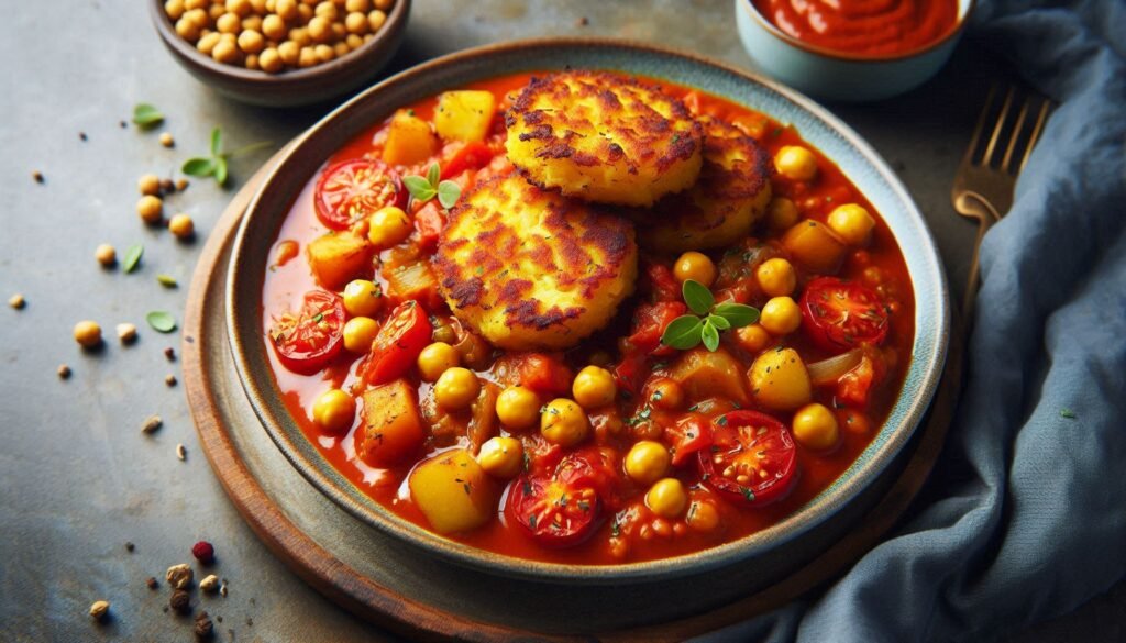 Receita de Caril de Tomate e Grão com Bolos de Batata