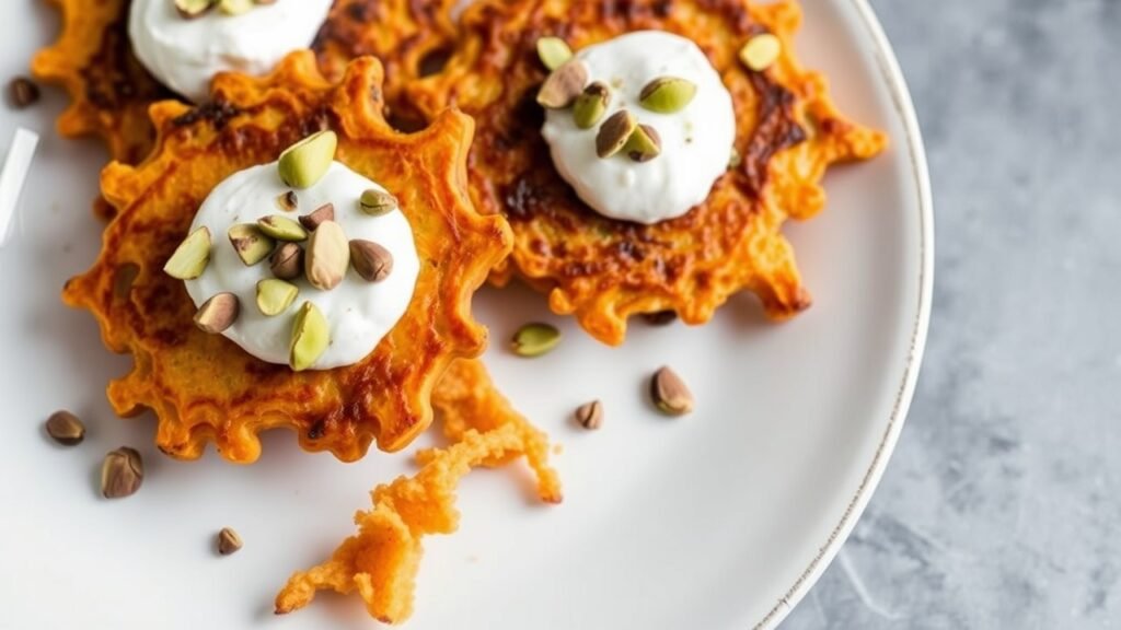 Süßkartoffel-Latkes mit würziger Sauerrahm und Pistazien